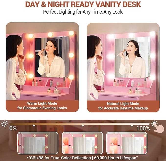 IDEALHOUSE Makeup Vanity Desk with Mirror and Lights, Vanity Table with Charging Station, 2 Open Compartments, 2 Acrylic-Door Cabinets, and RGB Lights Wood Dressing Table for Bedroom