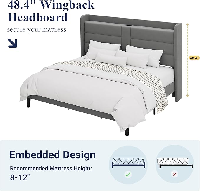 Allewie King Size Platform Bed Frame with Charging Station & Storage Headboard, Upholstered Velvet Wingback Design & USB Port, Strong Wooden Slats Support, No Box Spring Needed, Easy Assembly, Grey