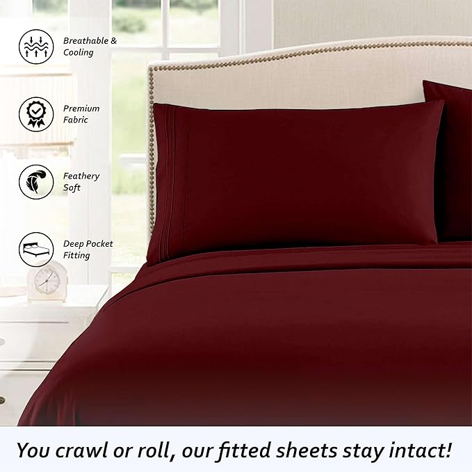 Short Queen RV Camper Sheet Set (60x75) – 100% Egyptian Cotton, Soft & Cooling, 16” Deep Pocket Fitted Sheet, Luxury Hotel Quality Bedding for RVs, Campers & Motorhomes (Burgundy Solid)