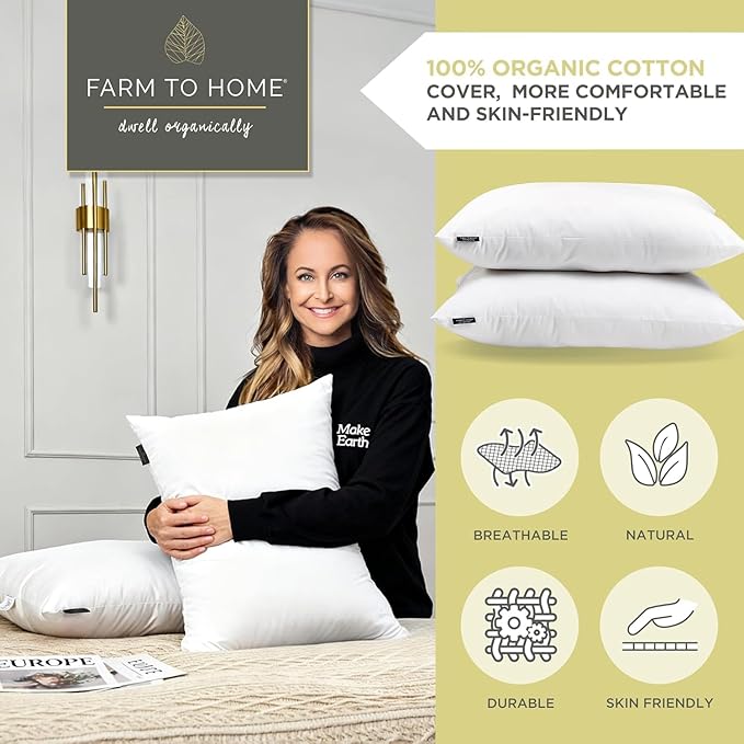 Farm To Home 100% Organic Cotton Cover Pillows King Size Set of 2, Down Alternative Hotel Quality Soft Bed Pillow for Back & Side Sleepers, Machine Washable, 20"x36", White
