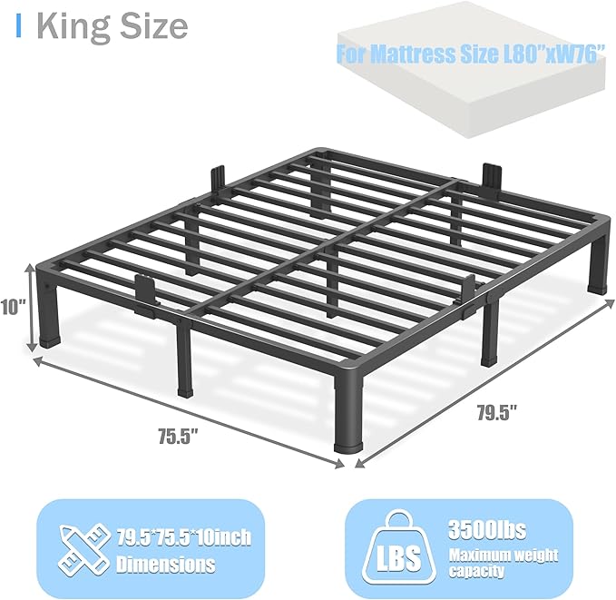 Yitong Angel 10 inch King Size Bed Frame with Round Corner Legs Mattress Slide Stopper,Low Profile Heavy Duty Metal Platform,Steel Slat Support,No Box Spring Needed,Easy Assembly,Noise Free