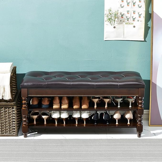 Shoe Storage Bench with Cushion, Entry Bench with Storage Solid Wood Shoe Bench Ideal for Entryway Living Room and Corridor (Walnut 39.4'')