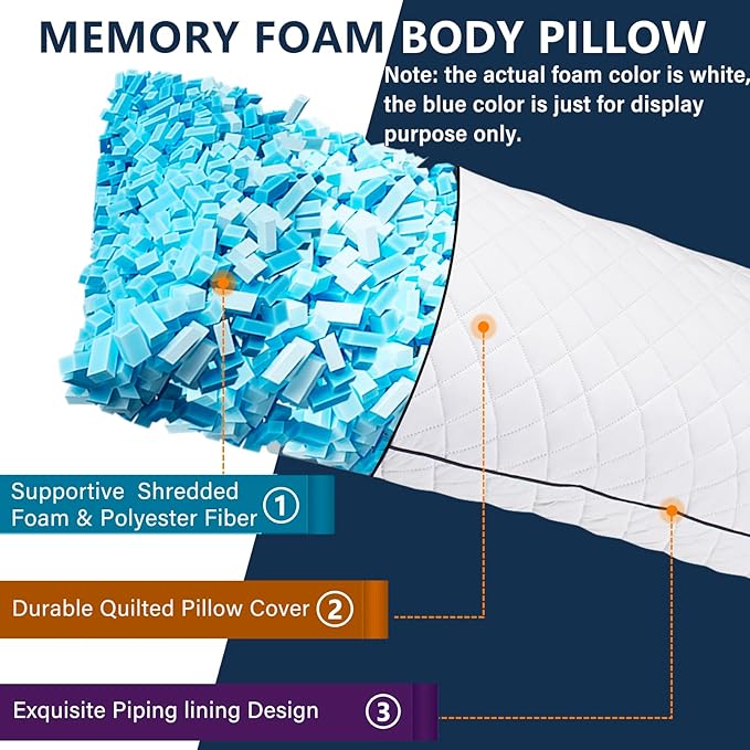 1 MIDDLE ONE Body Pillow, Memory Foam Body Pillows for Adults Sleeping, Long Pillow for Bed, Big Large Firm Full Body Pillow for Side Sleeper, 20x54 Inch, White