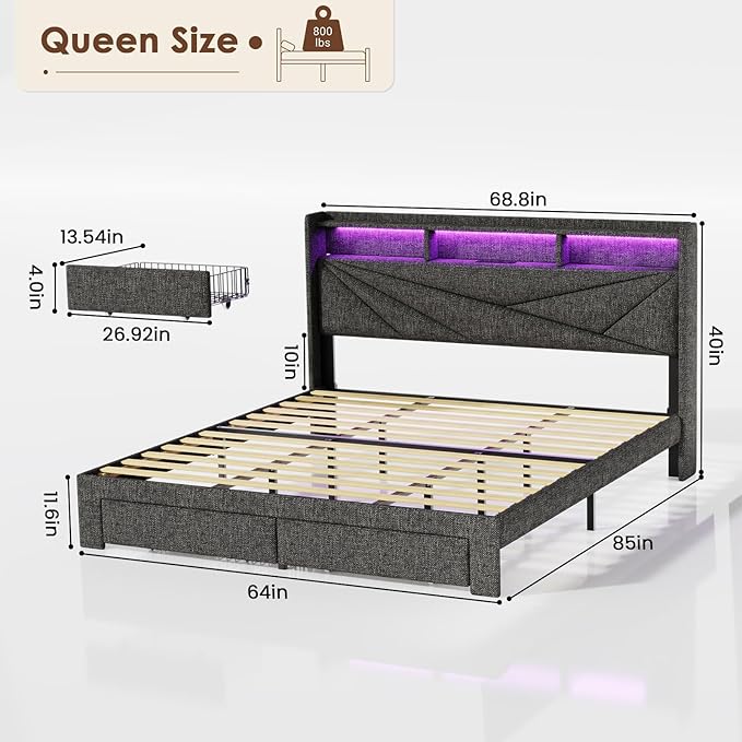 Driftalia LED Queen Bed Frame with 2 Storage Drawers, Upholstered Bed Frame Queen Size with Headboard and Charging Station, No Box Spring Needed, Easy to Assembly-Dark Grey