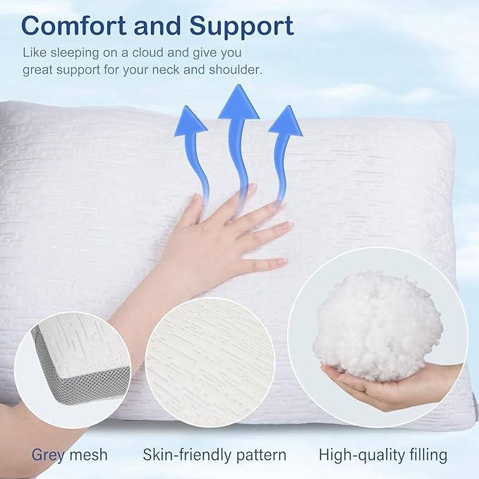 ACCURATEX Pillows Standard Size Set of 2, Rayon Derived from Bamboo Removable Cover, Shredded Memory Foam Pillow with Down Alternative Fill (Adjustable), Supportive Pillows for Side Back Sleepers