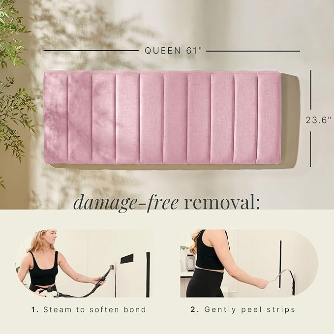 Hearth & Harbor Upholstered Queen Headboard - Easy Assemble Channel Stitched Headboard Queen Size - Wall Mounted Headboards with 3D Soundproof Wall Panels Peel & Stick Floating Headboards, Pink