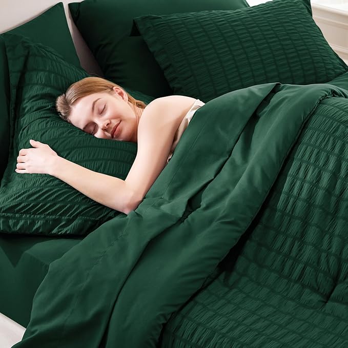 CozyLux Full Size Comforter Sets with Sheets 7 Pieces, Emerald Green Seersucker Bed in a Bag Textured Luxury Soft Bedding Sets with Down Alternative Comforter, Sheets, Pillowcases & Shams All Season