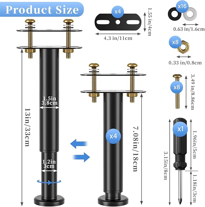 Upgrade 2Pcs Bed Legs Support, Adjustable Metal Bed Frame Support Legs 7.08-12.6 inch, Adjustable Bed Legs Replacement, Heavy Duty Center Support Legs for Steel Bed Frame or Wooden Bed