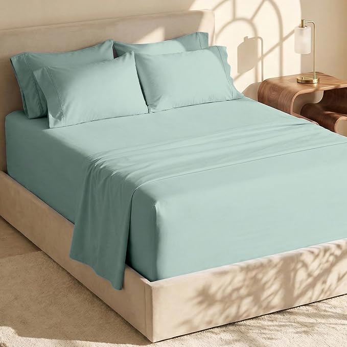 Hearth & Harbor Bed Sheets, Luxury Soft 6 Piece Bed Sheet Set Extra Deep Pocket Fitted Sheets Fits Mattress up to 21", Double Brushed Bedding Sheets & Pillowcases, Split King Ice Green