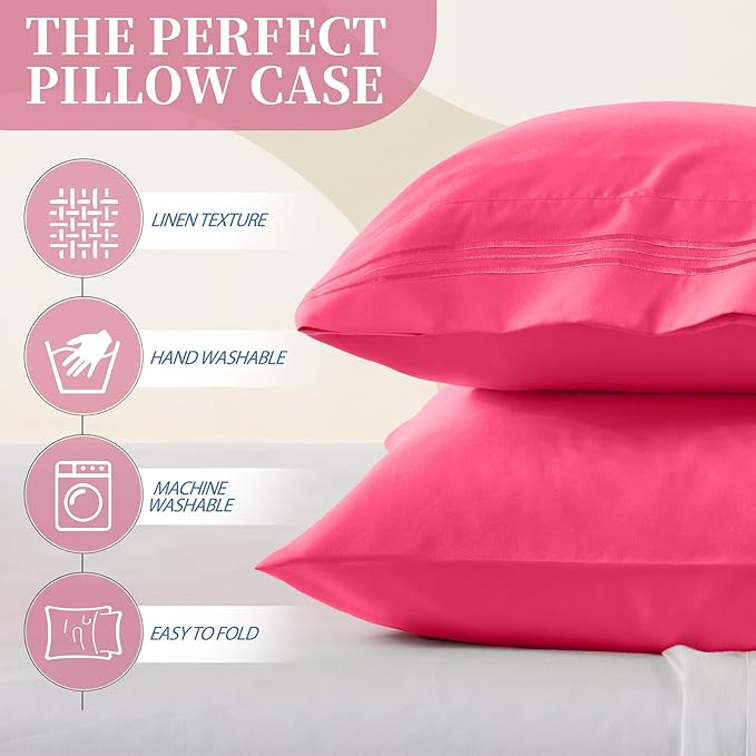 Vonty 2 Pack Queen Pillow Cases - 20x30 Inch, 1800 Thread Count Microfiber Pillowcases Queen Size Hot Pink Luxury & Soft Embroidered Bed Pillow Covers with Envelope Closure