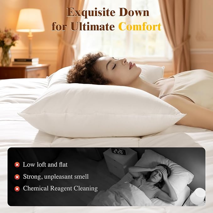Luxury Canadian White Goose Down Pillow Standard Size Set of 2, 750+ Fill Power, 800 TC Cotton Shell, Soft Down Pillows for Sleeping, Hotel Collection Pillow for Neck Pain Relief (2 Pack, 20"x26")