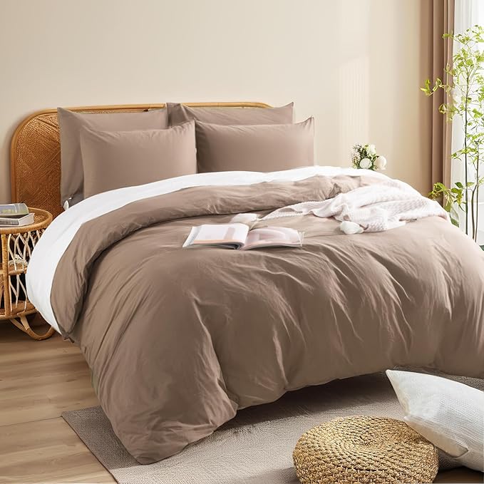 NEXHOME PRO 100% Washed Cotton Duvet Cover Full Size, Ogranic Natural Linen Feel Breathable Bedding Set with Zipper Closure, 3 Pieces Duvet Cover Set Toffee (No Comfortert) 8090