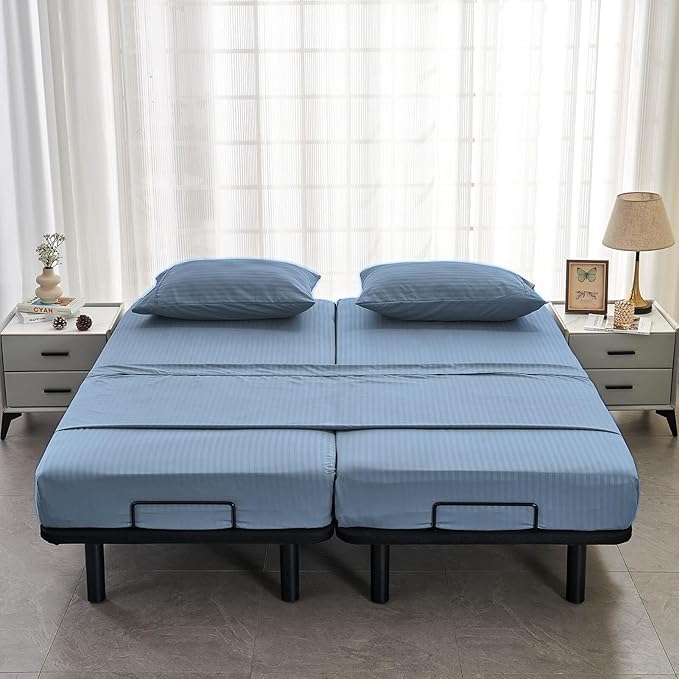 Kingnex Striped Split California King Sheets Sets for Adjustable Bed with Deep Pocket 5 Pieces Include 2 Cali Twin XL Fitted Sheets 1 Flat Sheet 2 King Size Pillowcases Blue