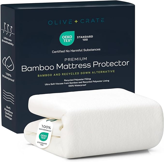 Olive + Crate 100% Viscose Bamboo Mattress Protector - Eco-Conscious Cooling Mattress Cover - Waterproof Hypoallergenic Protection - Breathable Full Size Shield Against Dust & Spills