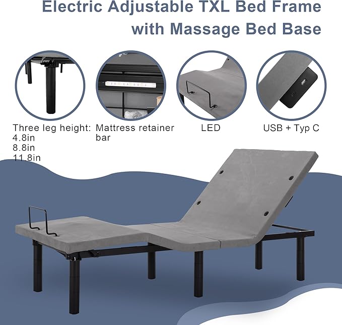 Fromann Adjustable Electric Twin XL Bed Base Frame with Massage, USB Type-C Ports, Zero Gravity, Under Bed Led Lighting and Three Leg Height (with Synchronization Connector) (Grey)
