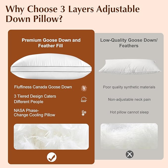 3 in 1 Adjustable Goose Down Pillows Queen Size Set of 1, Cooling Cover Bed Pillows, Fluffy Soft Feather Down Pillow for Back, Stomach or Side Sleepers, 20" x 30"