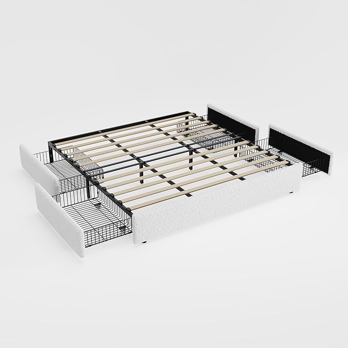 Allewie King Size Bed Frame with 4 Oversized Storage Drawers, Soft Teddy Fabric, Boucle Upholstered Platform Bed, Wooden Slats Support, Noise-Free, No Box Spring Needed, Easy Assembly, White