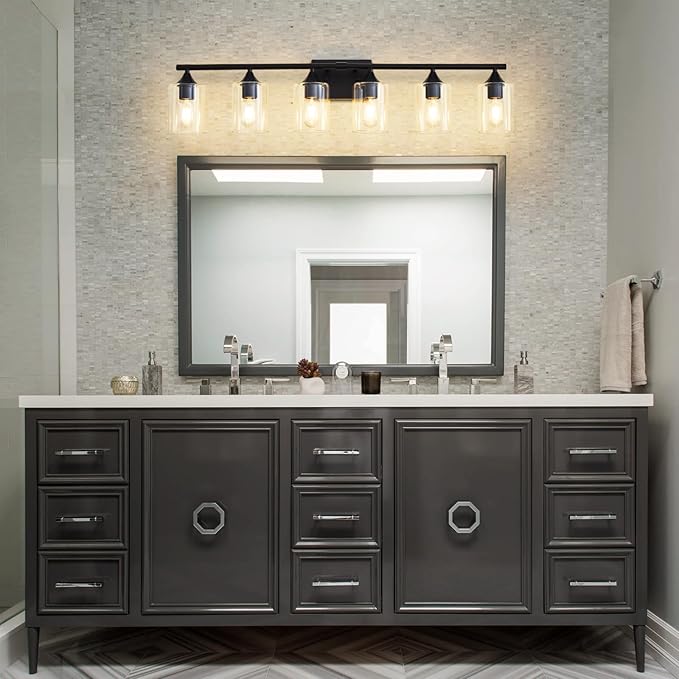 6-Light Matte Black Bathroom Light Fixtures, Over Mirror with Clear Glass Shade, Wall Light Sconce for Vanity Table, Hallway