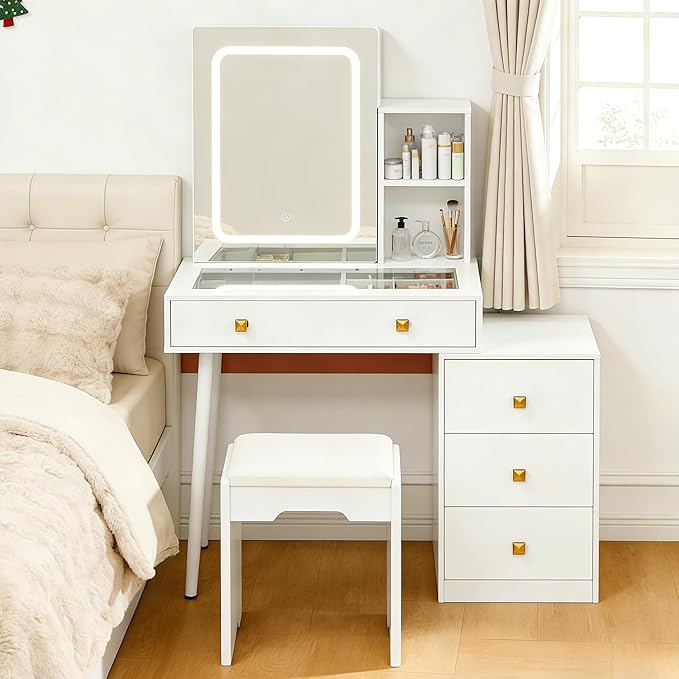 KAMABOKO Vanity Desk with Mirror and Lights, Makeup Vanity Table with Drawers & Shelves, Power Outlet, Dressing Table with Jewelry Storage for Bedroom (055 White)