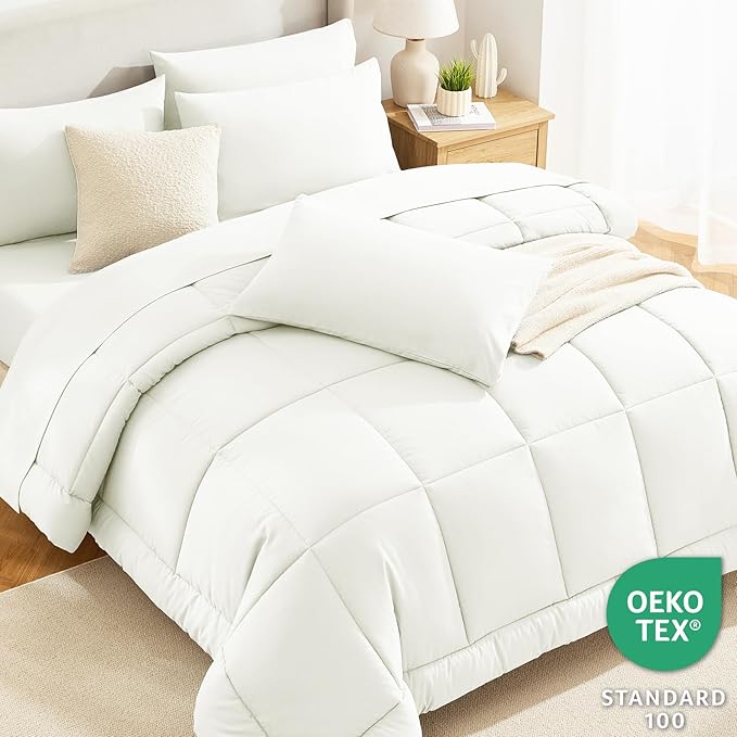 CozyLux Full Size Comforter Set Ivory, 7 Pieces Bed in a Bag, Ivory Comforter Full Size, Bedding Sets with All Season Quilted Comforter, Flat Sheet, Fitted Sheet, Pillowcases
