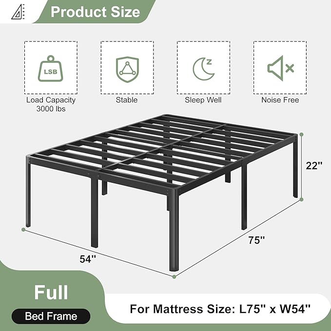 Lutown-Teen 22 Inch High Full Size Bed Frame with Rounded Corner Legs, Sturdy Mattress Foundation, Heavy Duty Metal Platform Bed Frame Full No Box Spring Needed, Noise Free, Easy Assembly, Black