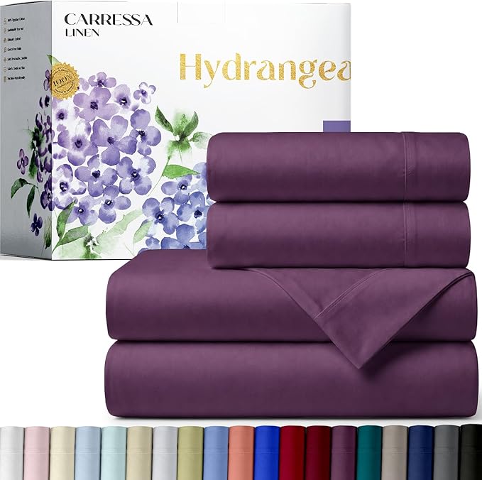 Carressa Linen 100% Egyptian Cotton Full Size Sheets - 600 Series Hydrangeas Collection Full Size Egyptian Cotton Sheets (4 PC, Plum), 16" Deep Pocket Sateen Weave Luxury Hotel Bed Sheet Set