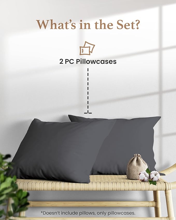1000 TC Dark Gray King Pillowcases Set of 2 100% Egyptian Cotton Pillow Cases with Long Staple Cotton & Sateen Weave, Silky Soft Hotel - Like Bed Pillow Covers for Comfy Sleeping, Snug Fit