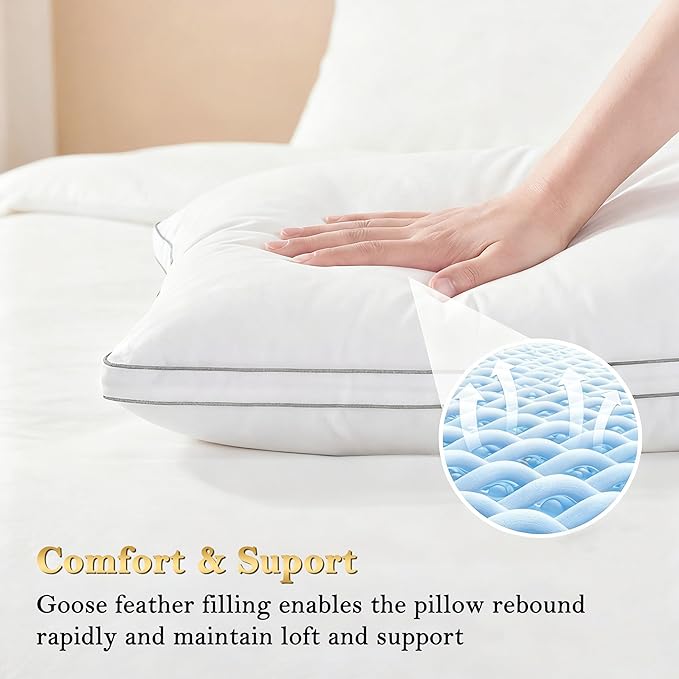 Feather Pillows Queen Size Set of 2 Goose Down Pillows with 100% Breathable Cotton Cover, Hotel Collection Bed Pillows for Sleeping, Soft Support for Back, Stomach and Side Sleepers