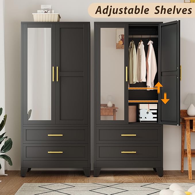 Metal Wardrobe Storage Cabinet with Mirror and Hanging Rod,71'' Metal Clothing Cabinet with 2 Doors and 2 Adjustable Shelves for Bedroom, Laundry Room, Cloak Room (Black)