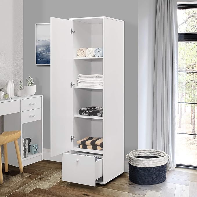 Kings Brand Furniture Corry Tall Storage Wardrobe Armoire with Shelves and Drawer, Narrow Freestanding Cabinet with Adjustable Shelves for Living Room, Bedroom, or Home Office