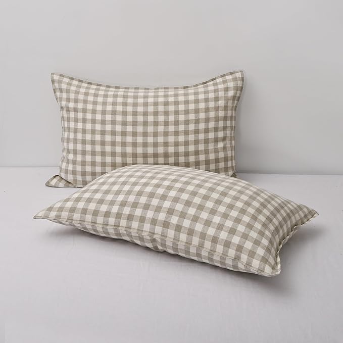 CHUFFED 100% French Linen Pillow Cases Queen Size Set of 2, Stone Washed Flax Pillow Shams with Zipper Closure - Breathable & Cooling for Hot Sleepers,20x30 Inches, Linen Plaid