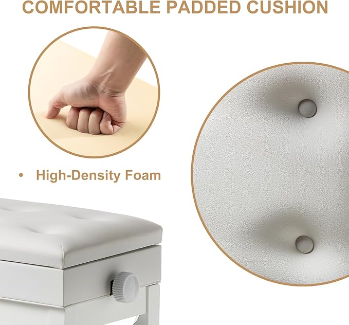 Adjustable Height Piano Bench Stool PU Leather Cushion Wooden Keyboard Seat with Music Storage (White)