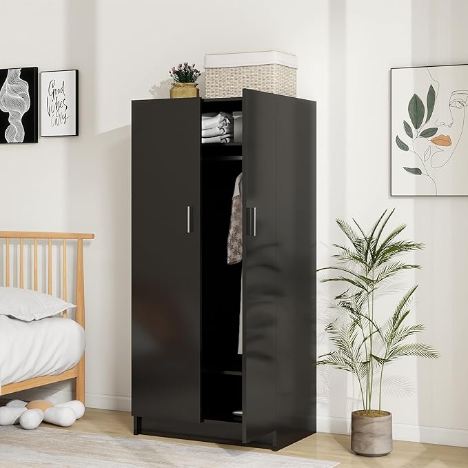 Panana 2 Door Wood Wardrobe Cabinet Closet with Hanging Rail and 2 Shelves, Bedroom Armoire for Storage (Black)