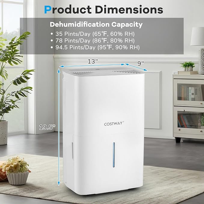 COSTWAY 94.5 Pints Dehumidifier, 6000 Sq.Ft Portable Large Home Dehumidifier for Basements with 2 Modes & 3 Fan Speeds, 1.4 Gallon Tank