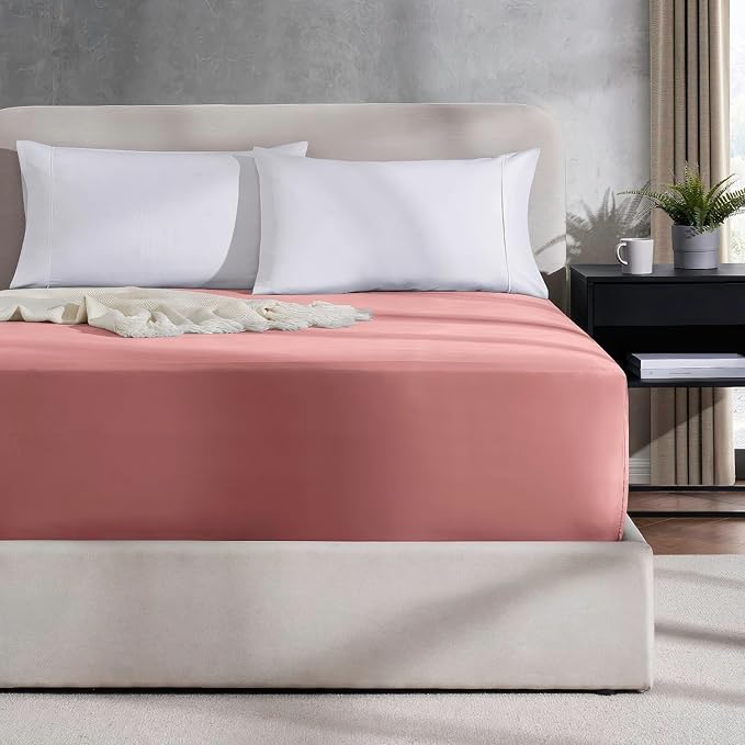 Nestl 2 Pack Pink Clay Fitted Sheet Extra Deep Pocket, Hotel Luxury Cal King Fitted Sheet Only Easily Fits 18 to 24 Inch Mattress, Super Soft, Wrinkle-Free and Breathable with Corner Straps