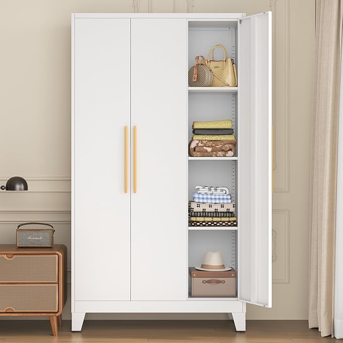75.3" Tall Metal Wardrobe Closet - Large Clothing Storage Cabinet with 2 Doors, 5 Adjustable Shelves & 1 Hanging Rod - Closet Organizer for Bedroom, Office, Laundry Room, Garage - White
