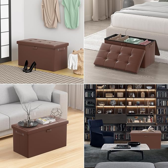 ENGPOW Storage Ottoman Bench,Fireproof Folding Bench with Lock,30 Inches Fire＆Water Resistant Storage Chest Foot Rest Stool Leather Bedroom Bench with Storage Safe for Document,Valuables, Brown