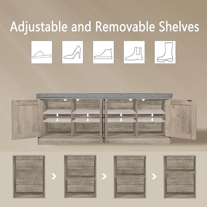 DINZI LVJ Shoe Bench, Entryway Storage Bench with Doors, Cushion, 2-Tier Shoe Rack with 8-Cubby, 47.2”L x 13.8”W Shoe Organizer Cabinet, Adjustable Shelf, Living Room, Bedroom, Gray Wash