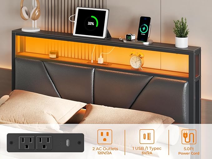 OURPIC Full Size Bed Frame, 2-Tier Storage Headboard & 6 Fabric Drawers, PU Leather Upholstered Platform Bed Frame Full with Charging Station and LED Lights, No Box Spring Needed, Noise Free