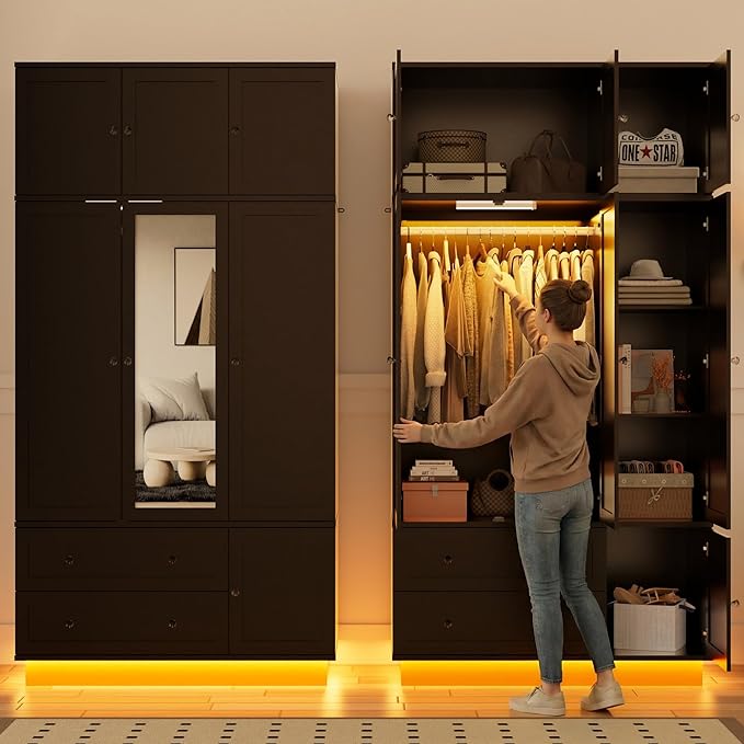 92.2" Tall Armoire Wardrobe Closet with Mirror & Motion Sensor Light, Large Storage Cabinet with 2 Drawers, Hanging Rod & Adjustable LED Strip, Anti-Tipping Wood Bedroom Furniture, 47.4"L, Balck