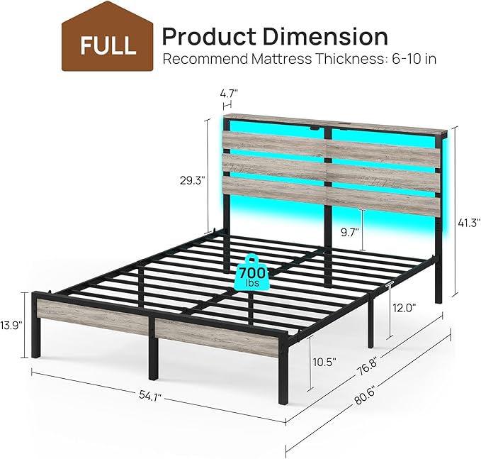 Rolanstar Bed Frame Full Size with USB Charging Station, LED Bed Frame with Wood Storage Headboard, Light Grey Metal Platform Bed with Under Bed Storage, No Box Spring Needed, Noise Free