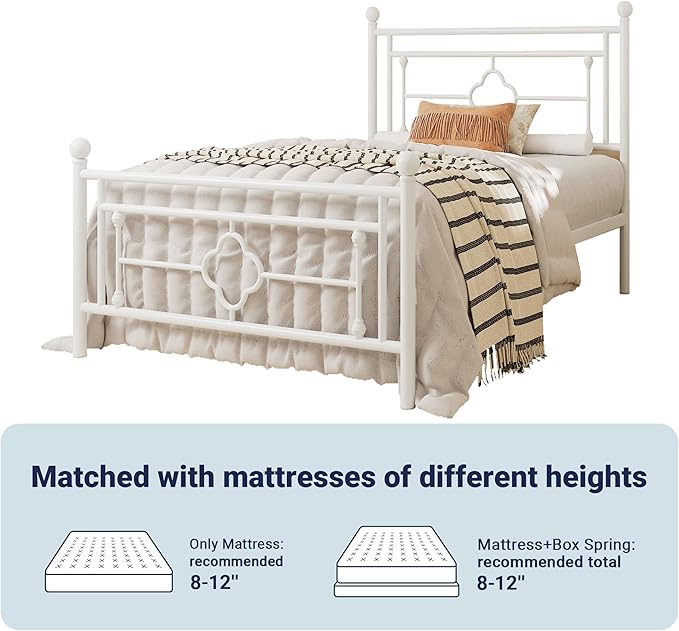 Allewie Twin Size Metal Platform Bed Frame with Victorian Vintage Headboard and Footboard/Mattress Foundation/Under Bed Storage/No Box Spring Needed/Noise-Free/Easy Assembly, White
