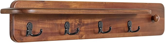 Alaterre Furniture Calais 36 Inch Wall Mount Coat Rack with Shelf with 4 Coat Hooks and Peg – Acacia Wood Wall Hangers (Chestnut)