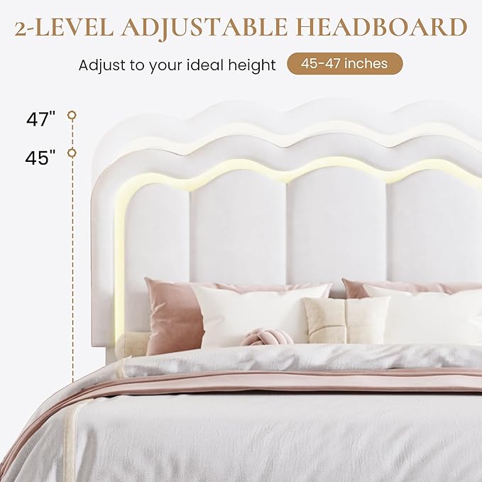 SHA CERLIN Upholstered Queen Size Bed Frame with LED Lights and Large Storage Drawer, Velvet Platform Bed with Adjustable Wavy Headboard, Noise Free, Easy Assembly, No Box Spring Needed, Soft White
