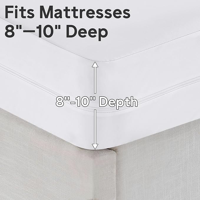Queen Mattress Protector(8’’-10” Depth) – Premium Six-Sided Waterproof Mattress Cover Bed Cover,Zippered Mattress Encasement for Bed, Noiseless Breathable Machine Washable,White