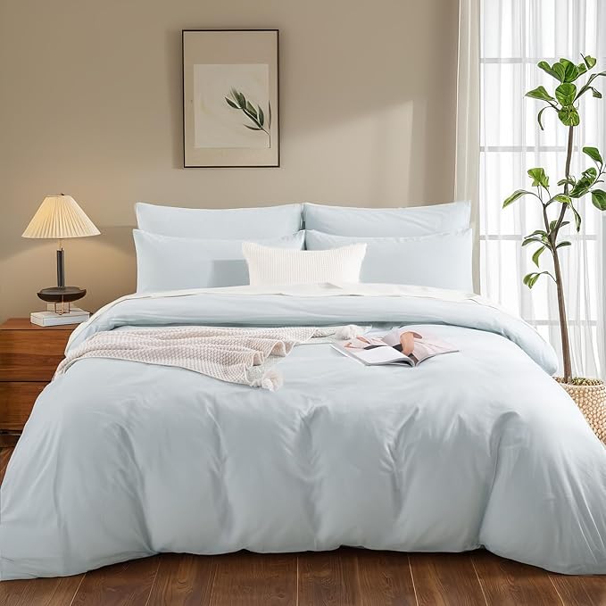 NEXHOME PRO Duvet Cover Set 100% Washed Cotton Kids Twin XL 66"x92", Organic Natural Linen Like Textured 2 Pieces Bedding Set Baby Blue with Zipper Closure & Corner Ties, Breathable(No Comforter)
