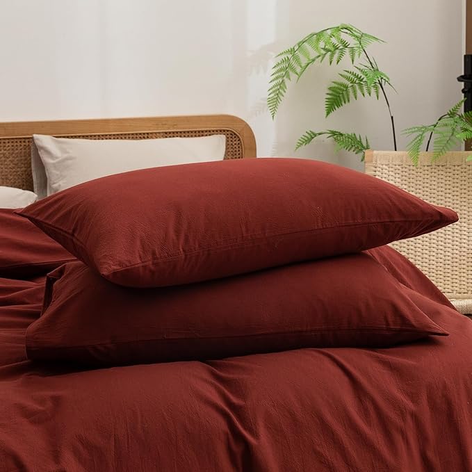 BESTOUCH Duvet Cover Set 100% Washed Cotton Linen Feel Super Soft Comfortable Chic Lightweight 3 PCs Home Bedding Set Solid Fired Brick Red Alaska King