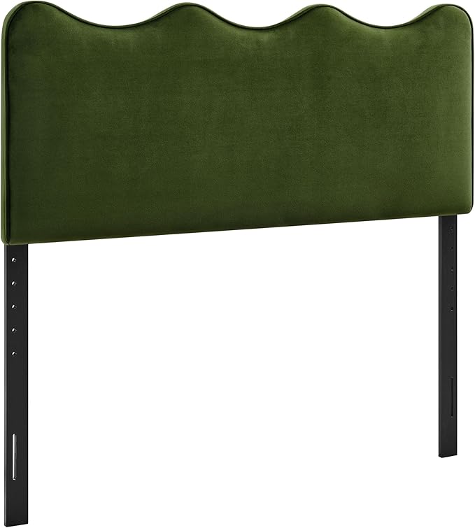 Monday Athena Queen Size Performance Velvet Adjustable Headboard in Moss Green - with Scalloped Wave Design and Stain-Resistant Velvet Upholstery