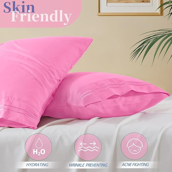 Vonty 2 Pack King Pillow Cases - 20x40 Inch, 1800 Thread Count Microfiber Pillowcases King Size Pink Pillow Cases Luxury & Soft Embroidered Bed Pillow Covers with Envelope Closure