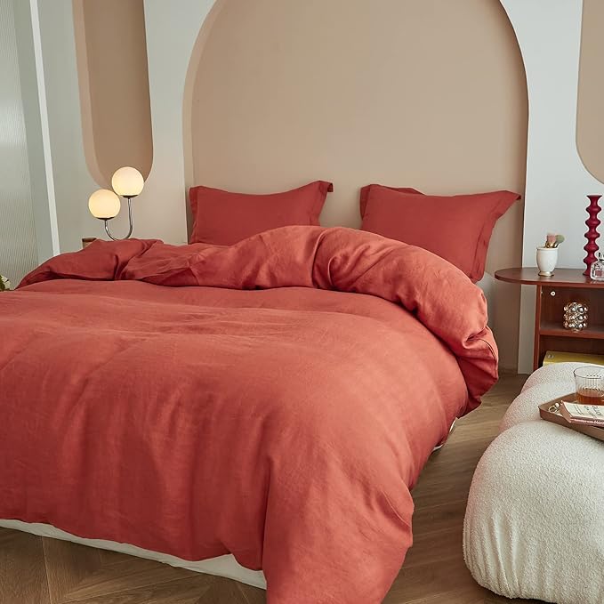 Simple&Opulence 100% Linen Duvet Cover Set 3pcs Basic Style Natural French Washed Flax Solid Color Soft Breathable Farmhouse Bedding with Button Closure - Brick Red, Queen